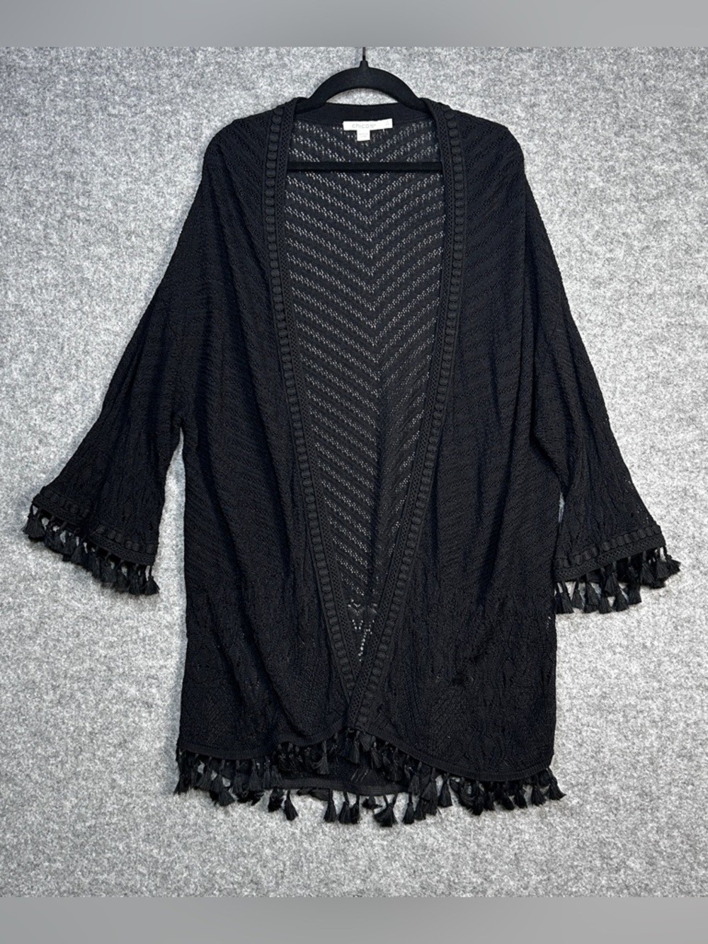 Chico's Women’s L Black Open-Front Crochet Knit Cardigan Tassels Boho Whimsigoth